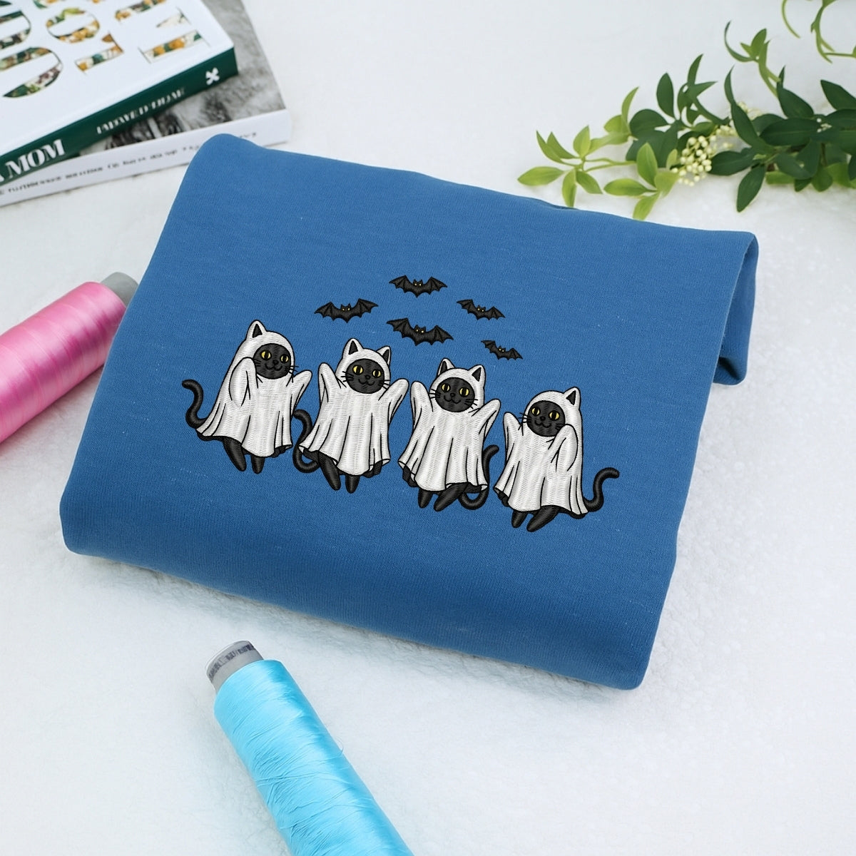 Cat Ghost Halloween Hoodie - Pet Lover Embroidered Sweatshirt - Perfect Cat Mom Halloween Gift