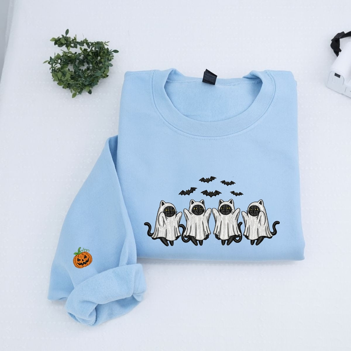 Cat Ghost Halloween Hoodie - Pet Lover Embroidered Sweatshirt - Perfect Cat Mom Halloween Gift