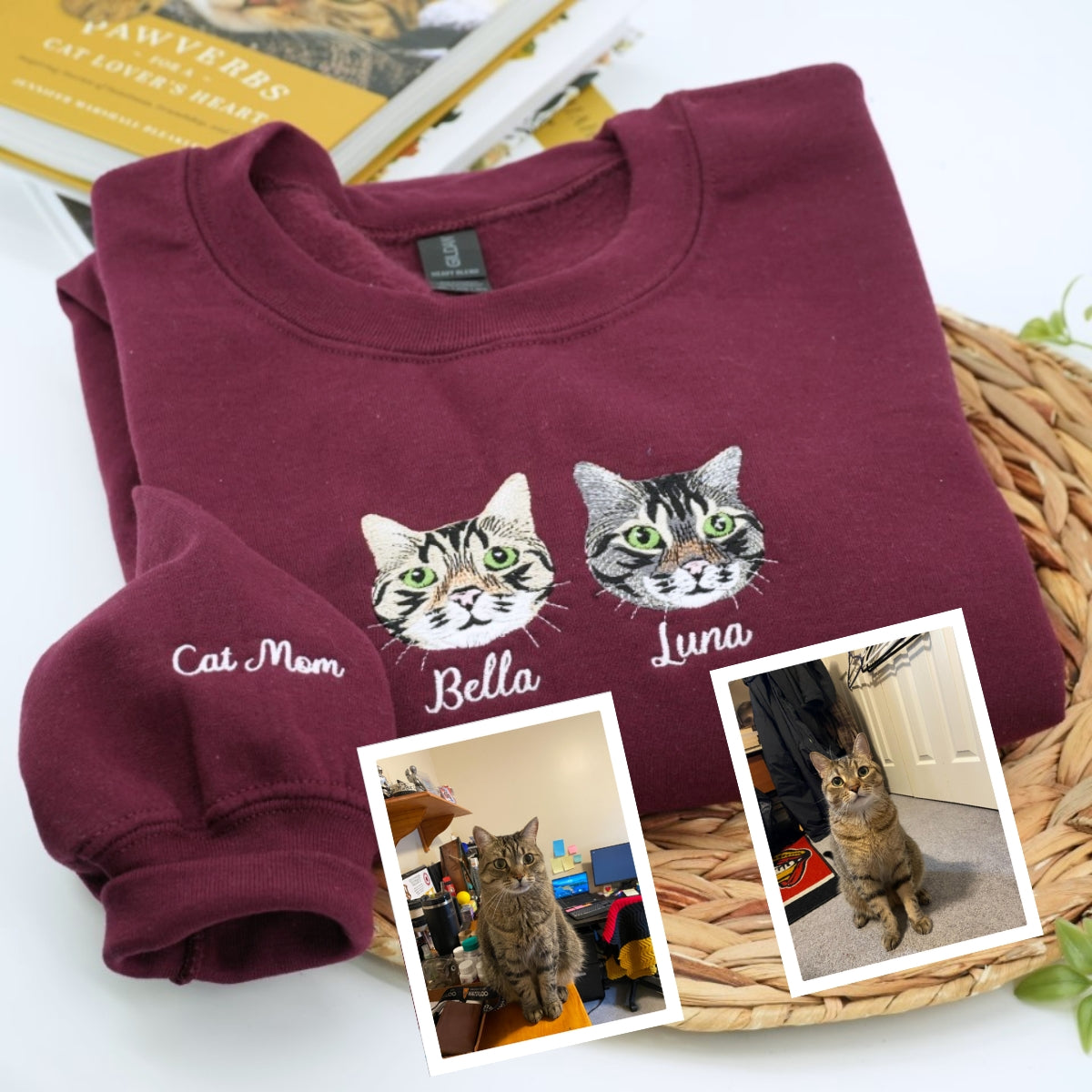 Cat Mom Portrait Sweatshirts - Custom Cat Names Embroidered Crewneck - Cat Parent Apparel