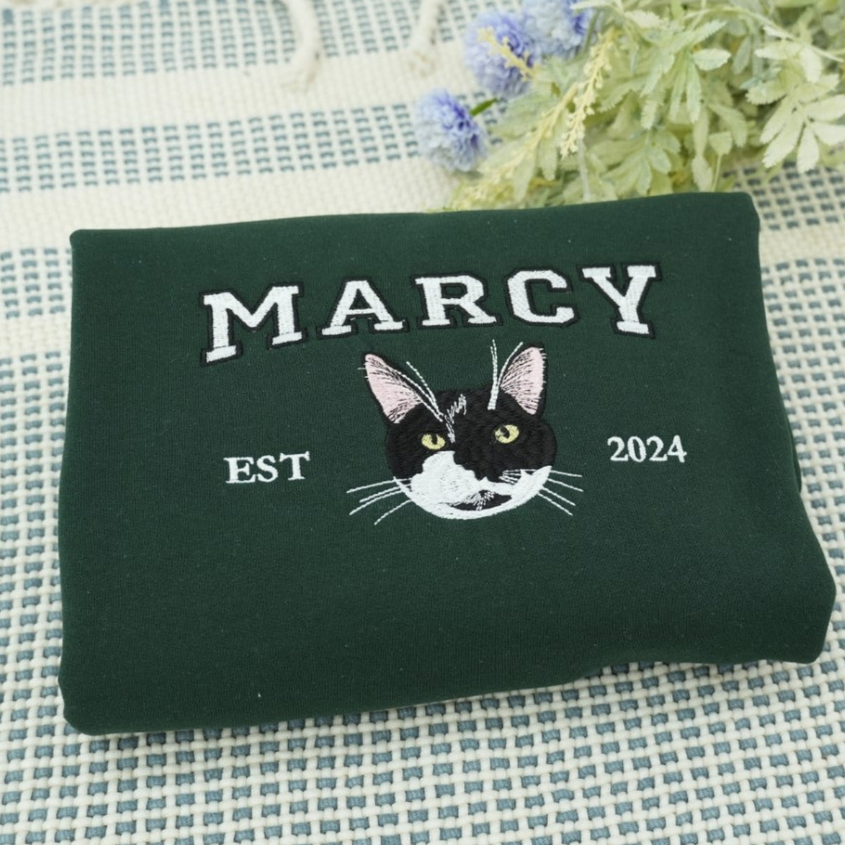 Cat Portrait Custom Hoodies - Pet Face Varsity Embroidered Sweatshirts - Personalized Cat Parent Gift