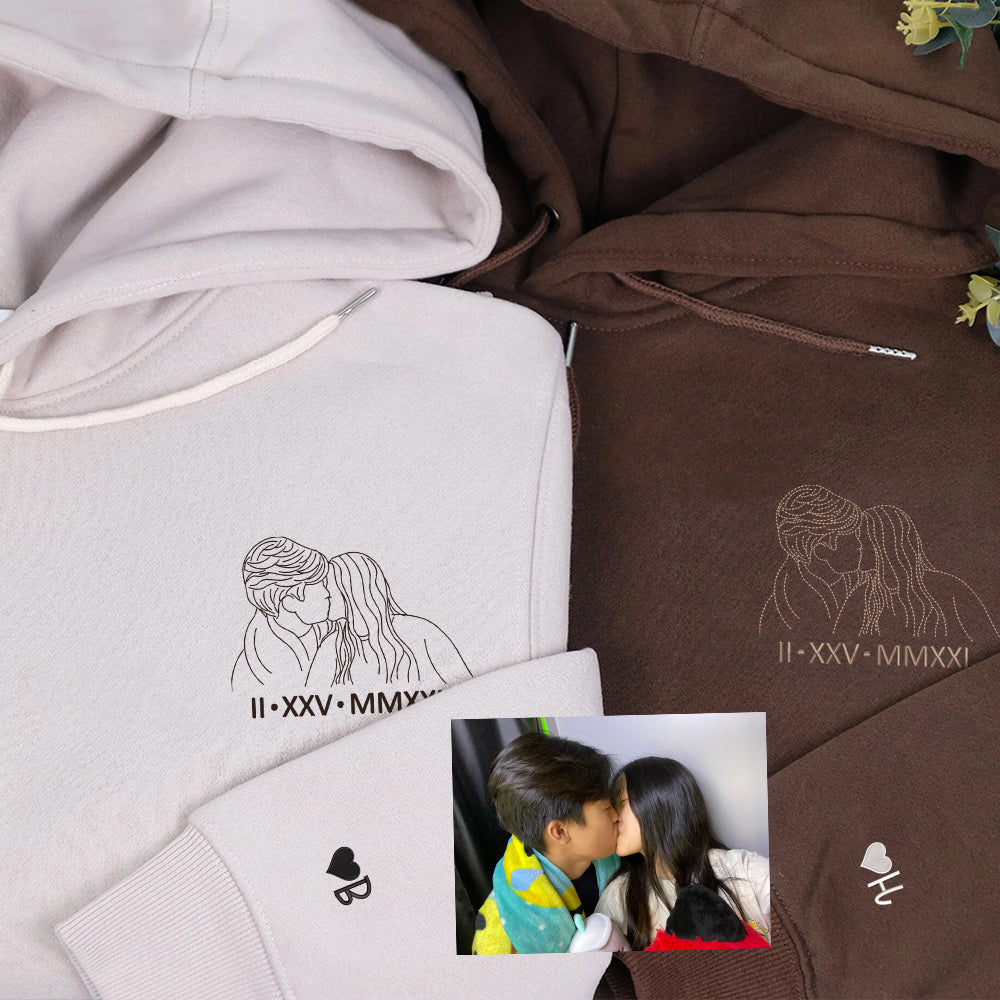 Custom Embroidered Couple Art Drawing Gift, Portrait From Photo, Embroidered Sweatshirt, Valentine Personalized, First Anniversary Gift