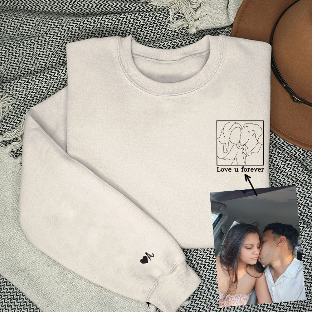 Custom Embroidered Portrait Sweatshirt for Couple, Personalized People Outline with Photo Hoodie, Embroidered Line Art Photo