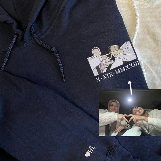 Custom Embroidered Full-Color Portrait Sweatshirt for Couples, Personalized People with Photo Hoodie