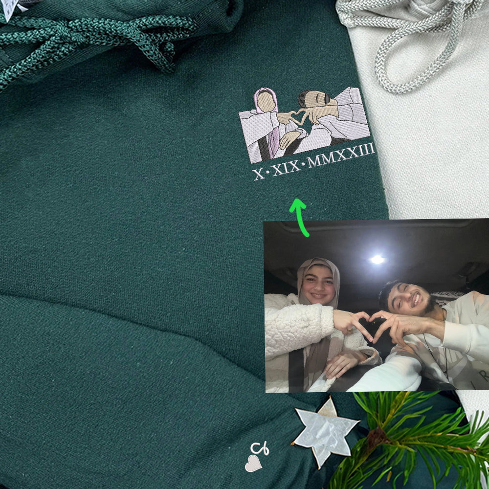 Custom Embroidered Full-Color Portrait Sweatshirt for Couples, Personalized People with Photo Hoodie