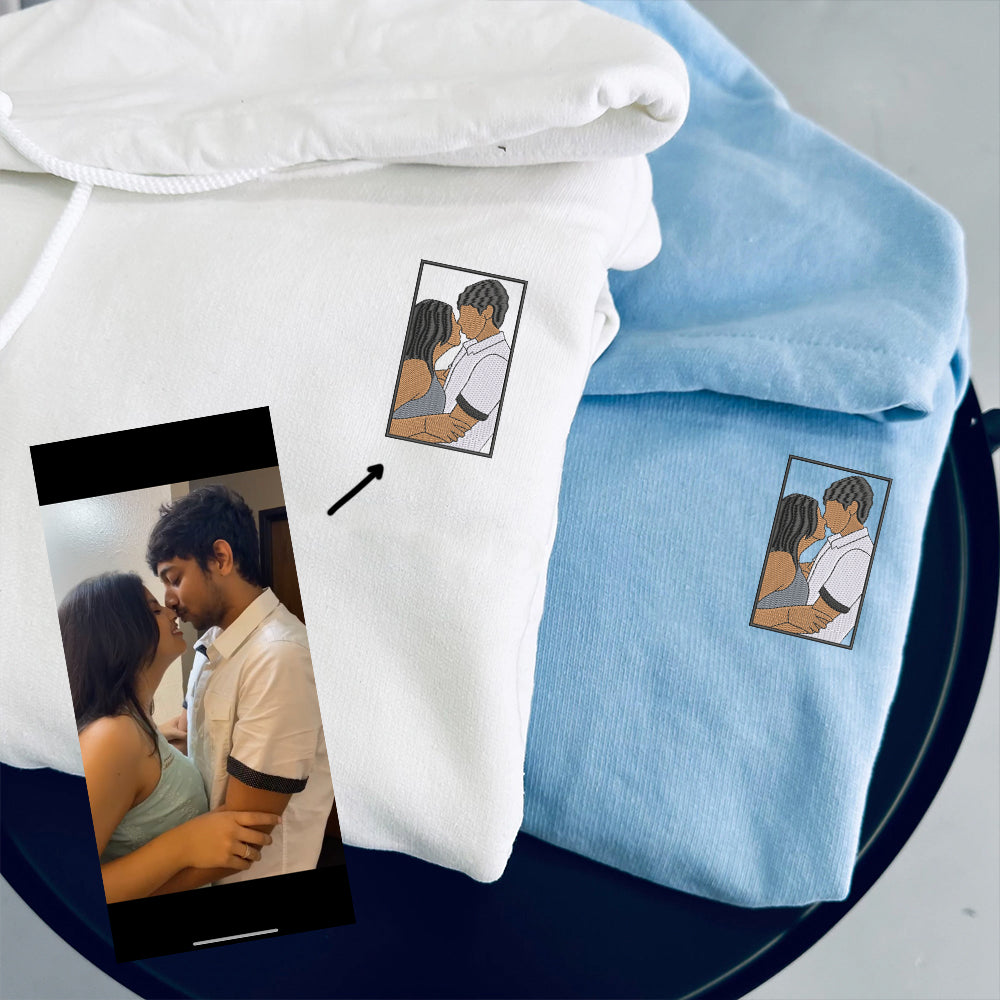 Custom Embroidered Couple Portrait Full-color Sweatshirt Hoodie, Personalized Couple Photo Sweatshirts Hoodies