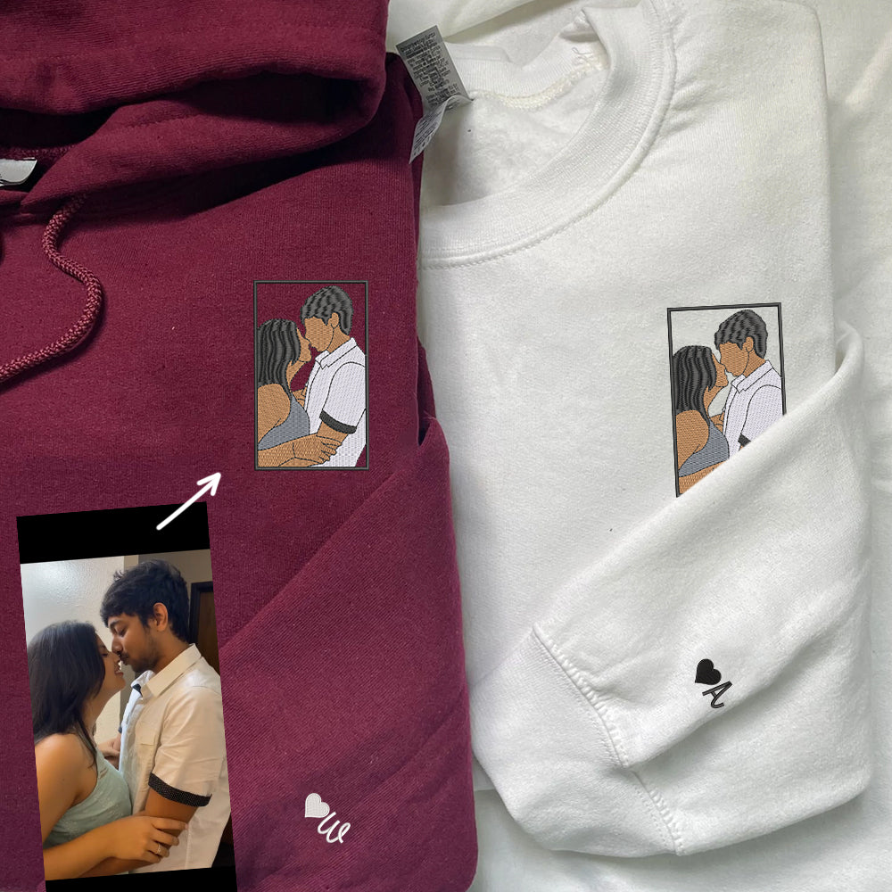 Custom Embroidered Couple Portrait Full-color Sweatshirt Hoodie, Personalized Couple Photo Sweatshirts Hoodies