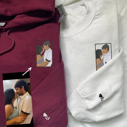 Custom Embroidered Couple Portrait Full-color Sweatshirt Hoodie, Personalized Couple Photo Sweatshirts Hoodies