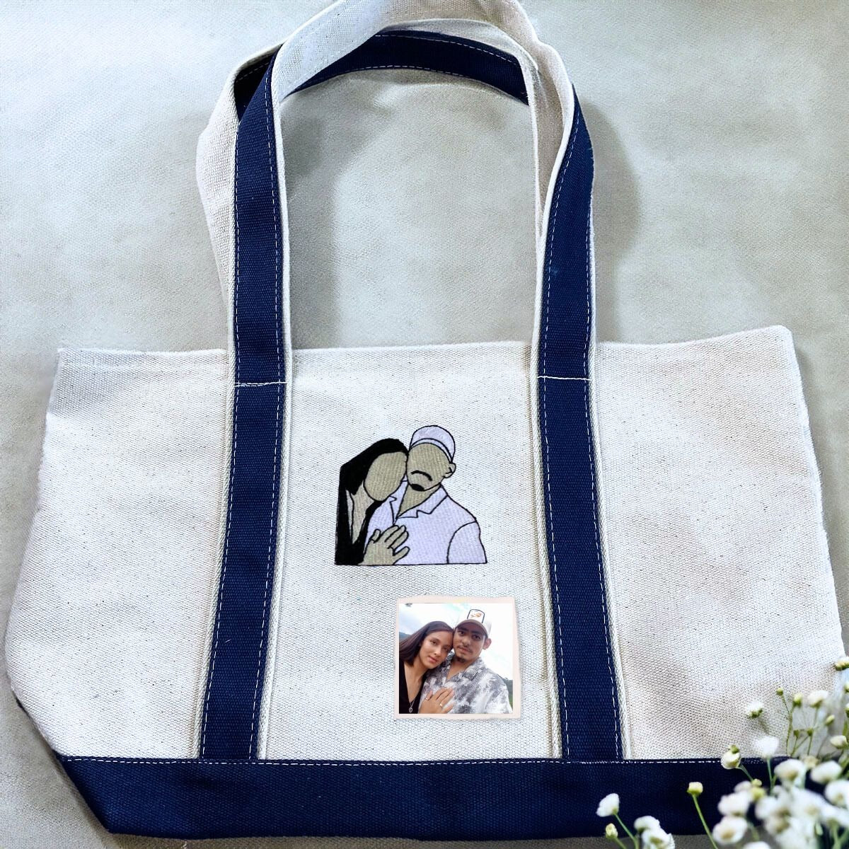 Personalized Photo Portrait Tote Bag with Embroidered - Unique Couple Gift Idea
