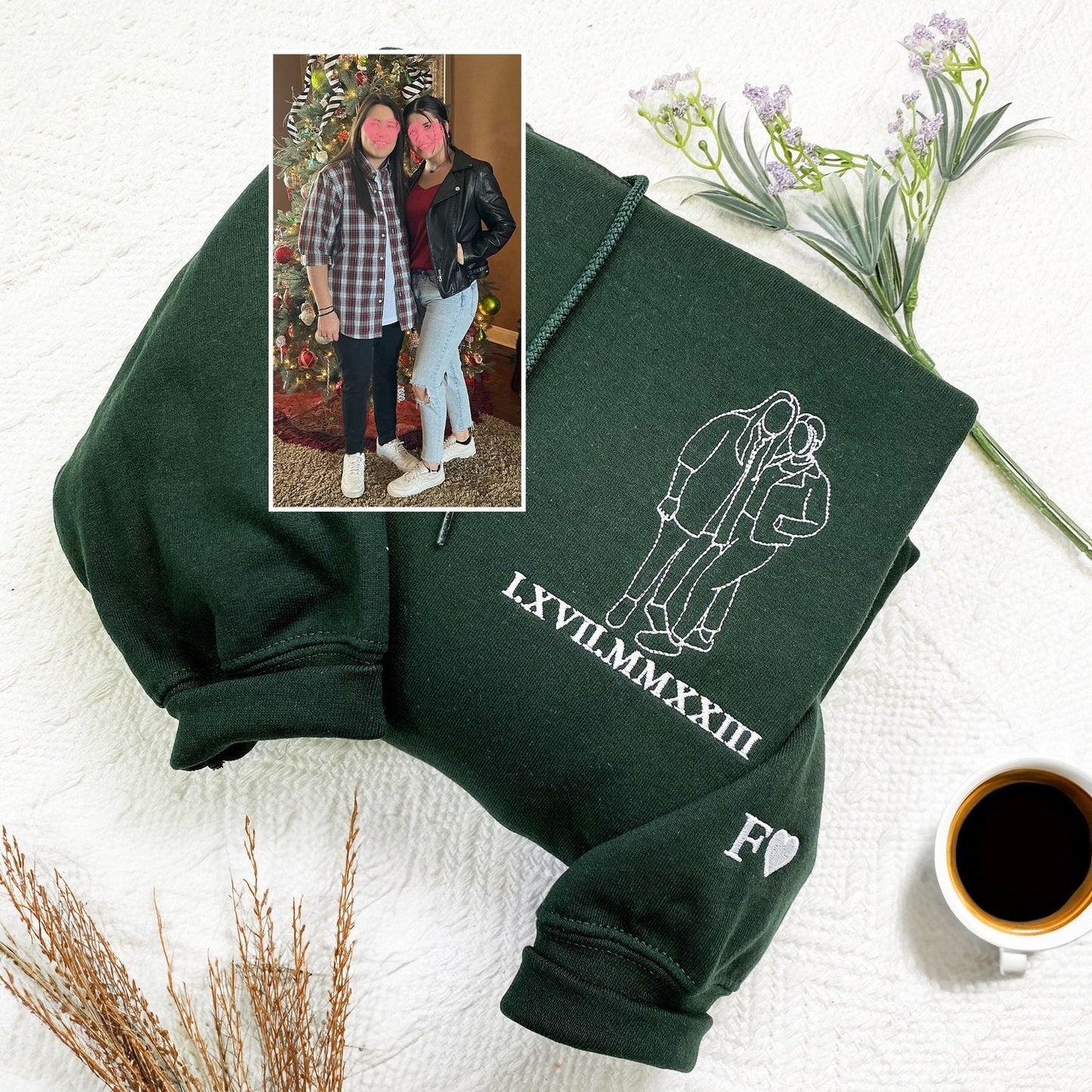 Custom Best Friend Portrait Sweatshirt – Personalized Embroidered Hoodie from Photo with Roman Numeral Date & Initials – Gift for Friends or BFFs