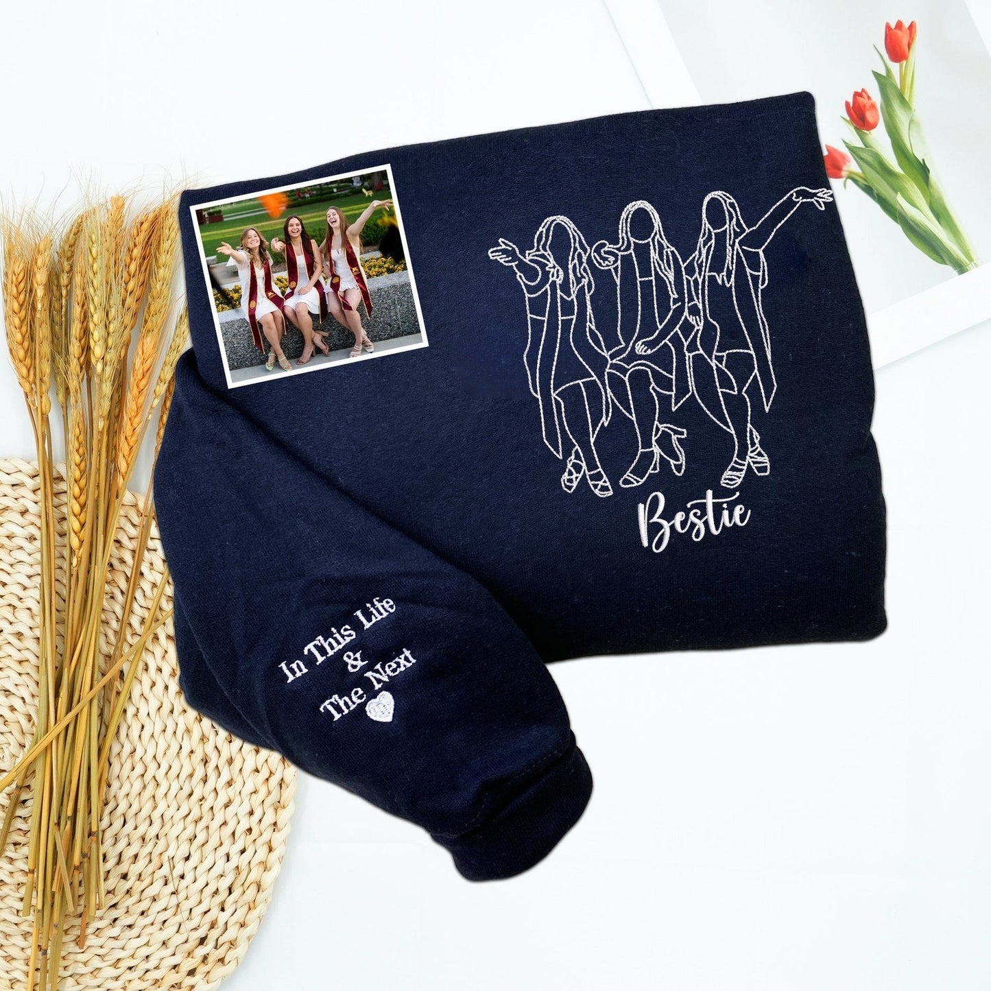 Custom Bestie Sweatshirt with Embroidered Portrait from Photo – Personalized Graduation Gift for Friends – Matching Hoodie for Best Friends