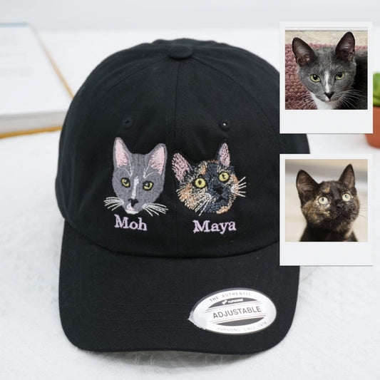 Custom Cat Portrait Embroidered Cap - Pet Parent Personalized Cat Names Accessory - Cat Mom Dad Gift