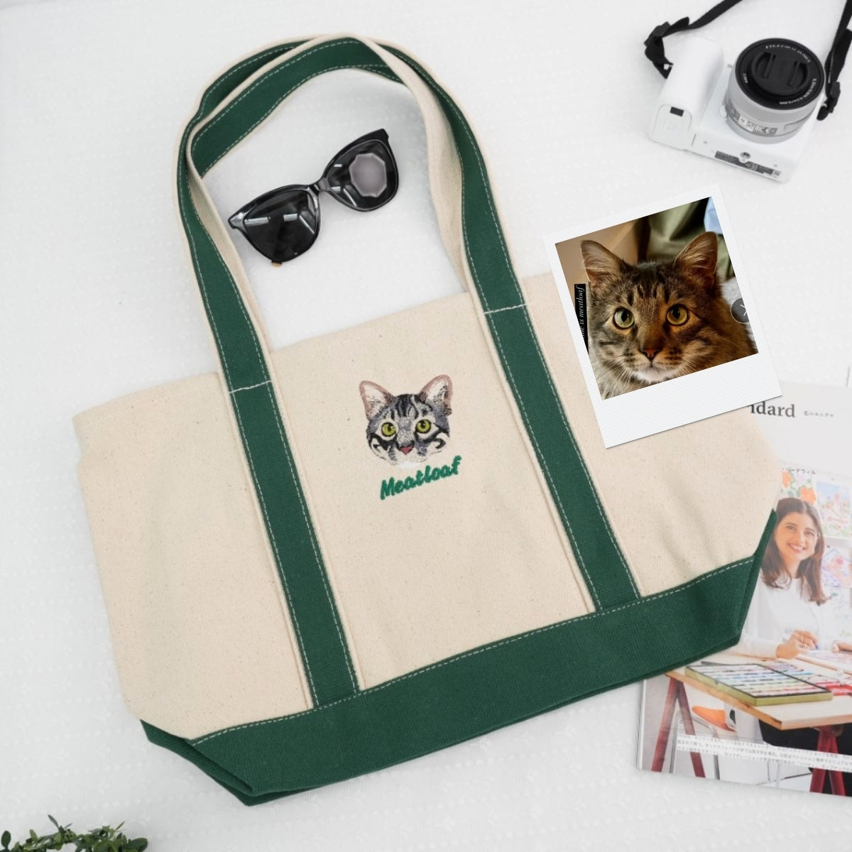 Custom Cat Portrait Tote Bags Dual Pet Face Embroidered Canvas Bag - Cat Mom Memorial Gift