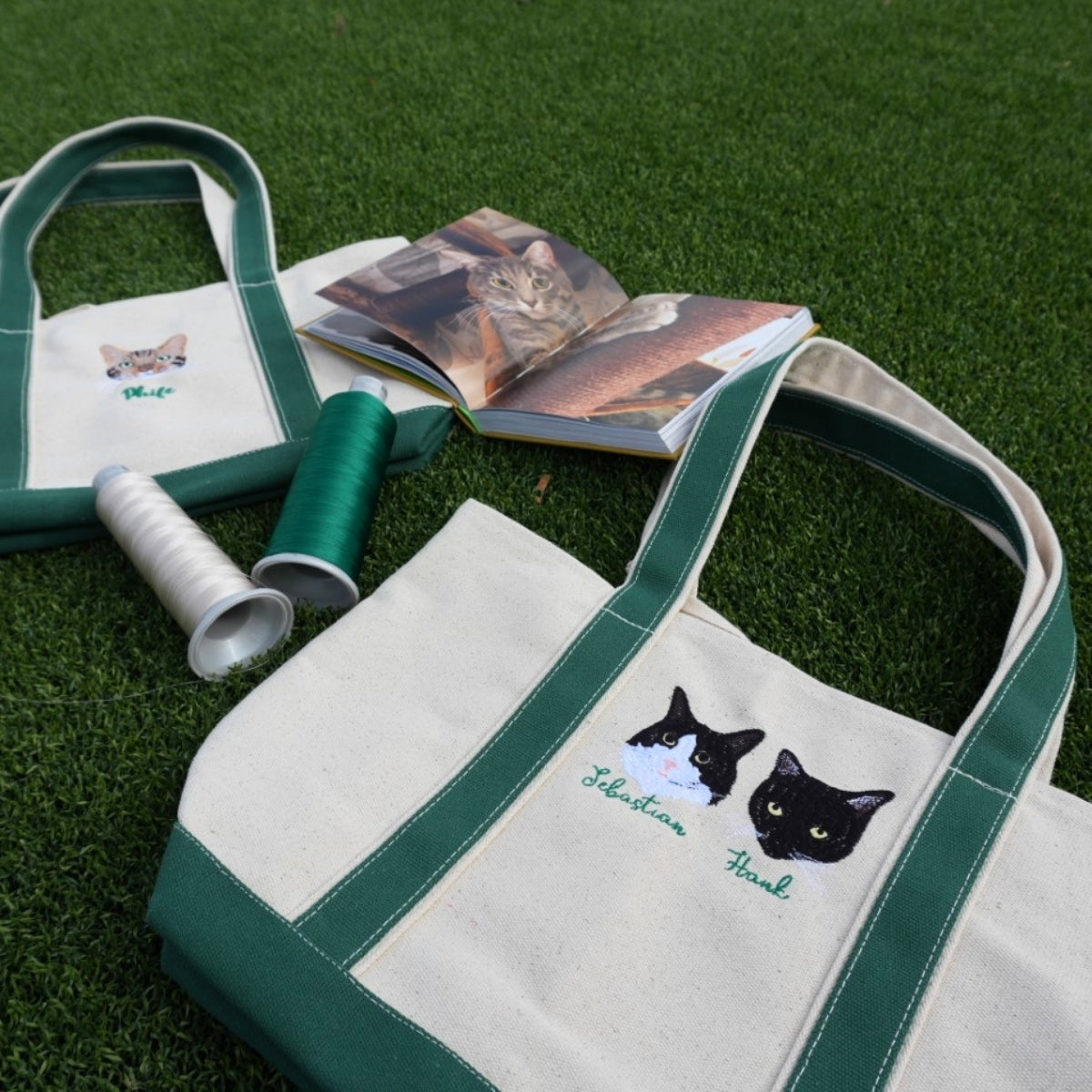 Custom Cat Portrait Tote Bags Dual Pet Face Embroidered Canvas Bag - Cat Mom Memorial Gift