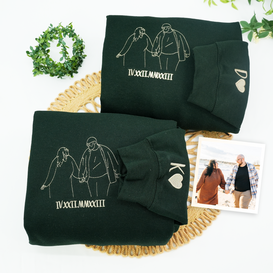 Custom Couple Portrait Embroidered Sweatshirt – Personalized Line Art Drawing from Photo with Initials – Romantic Gift for Boyfriend, Girlfriend, or Anniversary