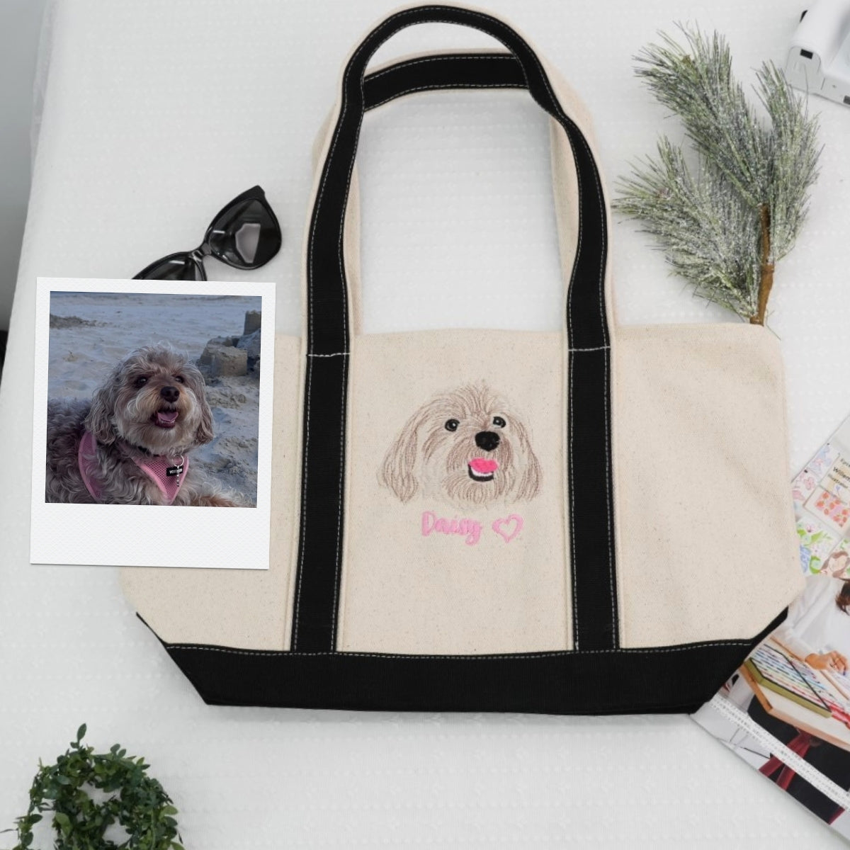 Custom Doodle Portrait Tote Bags - Dog Face Embroidered Canvas Bag - Precious Pet Memorial Gift