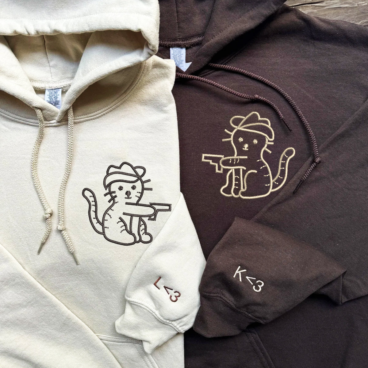 Custom Embroidered Cowboy Cat Guns Matching Hoodies for Couples