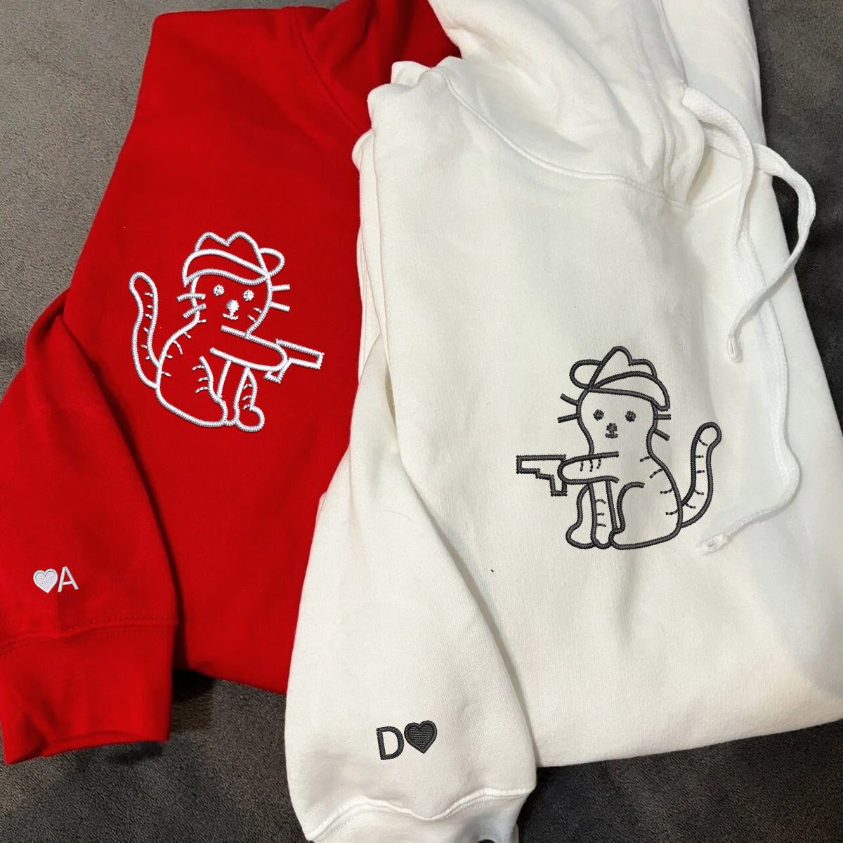 Custom Embroidered Cowboy Cat Guns Matching Hoodies for Couples