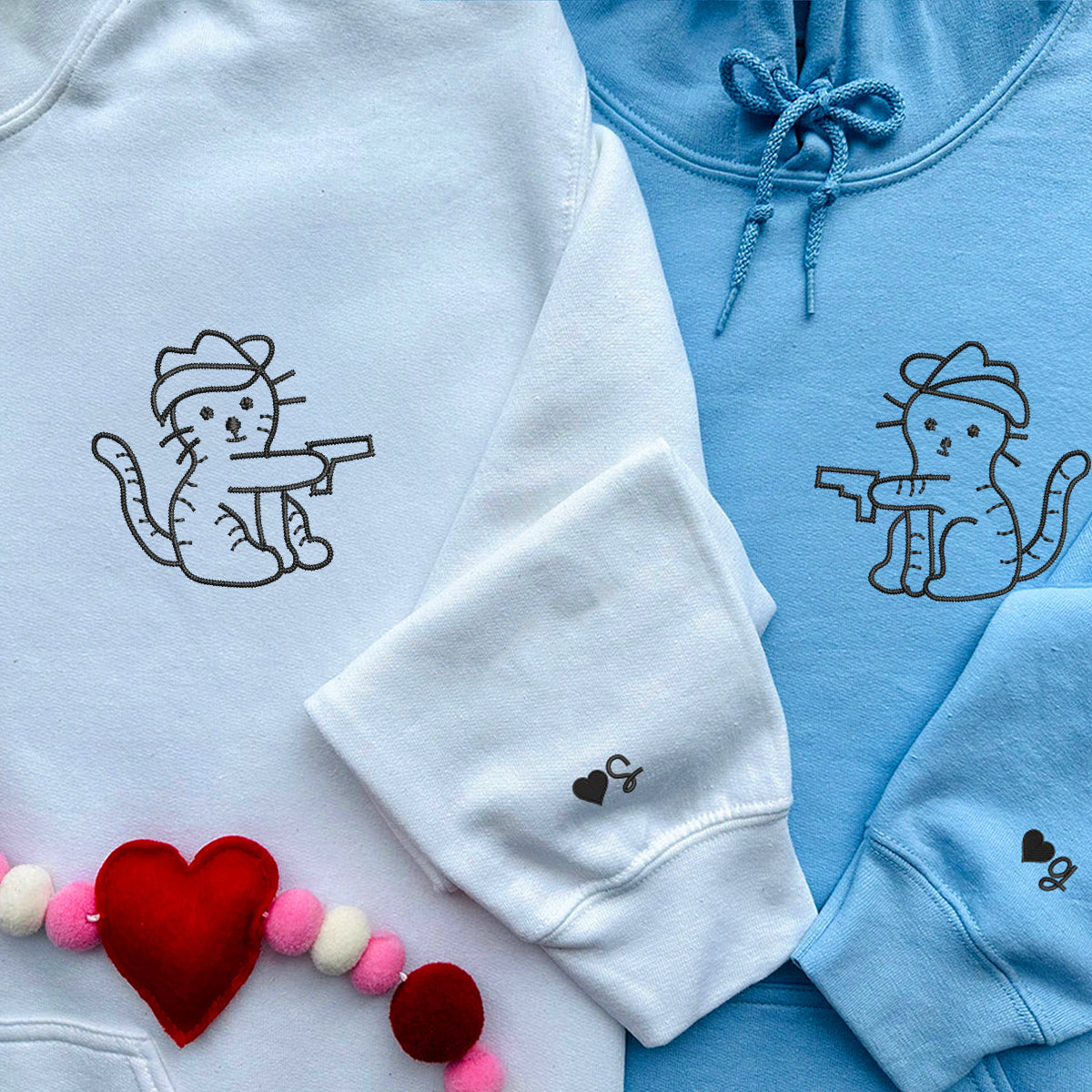 Custom Embroidered Cowboy Cat Guns Matching Hoodies for Couples