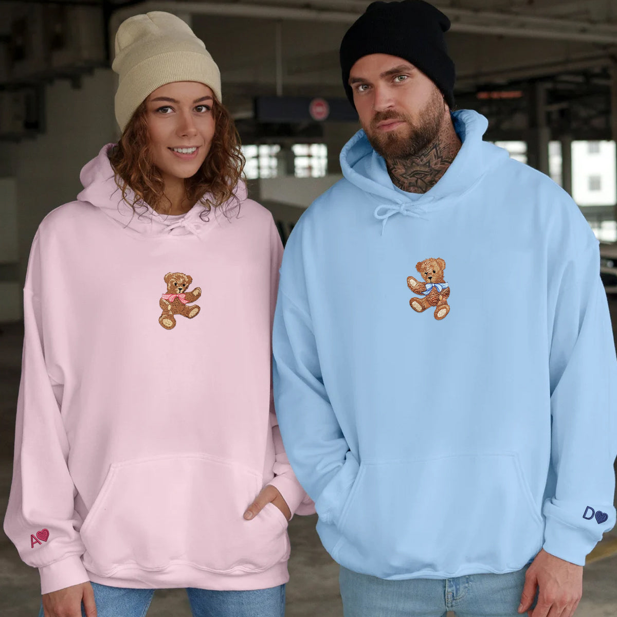 Custom Embroidered Cute Bear Matching Hoodies for Couples