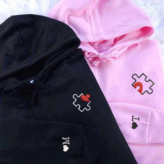 Custom Embroidered Puzzle Heart Matching Hoodies for Couples
