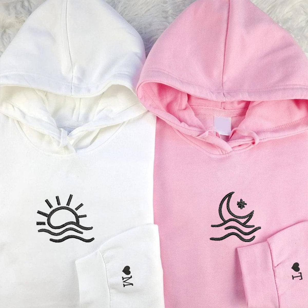 Custom Embroidered Sun and Moon Wave Matching Hoodies for Couples