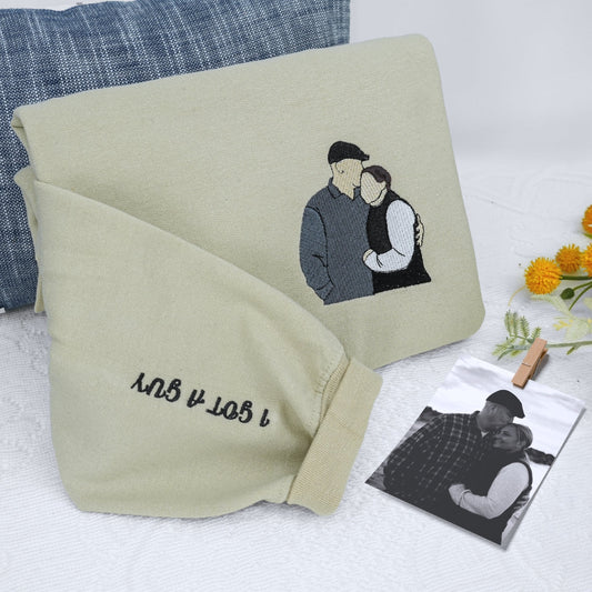 Custom Full Color Embroidered Photo Sweatshirt – Personalized Couple Portrait from Your Picture with Custom Text – Romantic Gift for Anniversary or Valentine’s