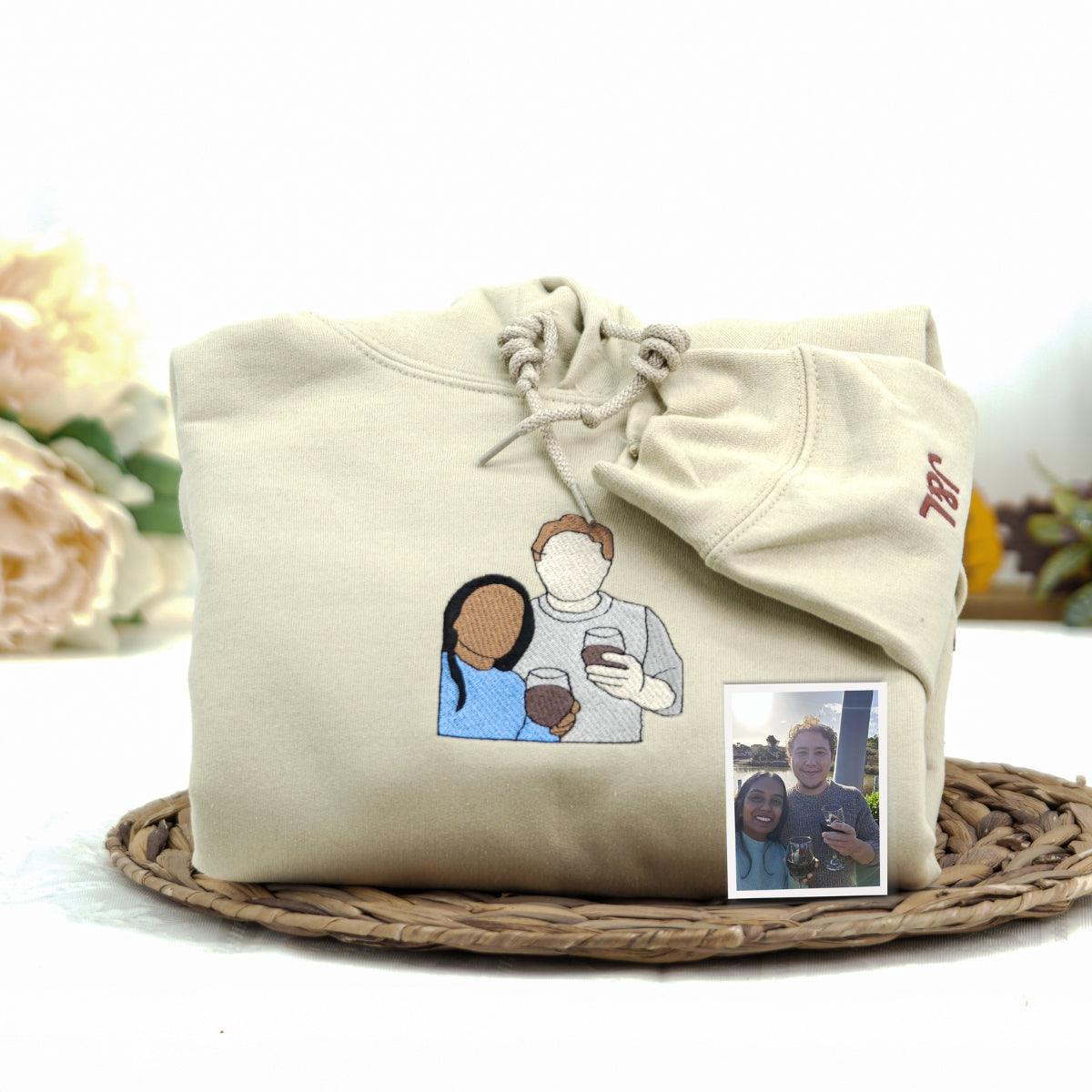 Custom Full Color Embroidered Photo Sweatshirt – Personalized Couple Portrait from Your Picture with Custom Text – Romantic Gift for Anniversary or Valentine’s