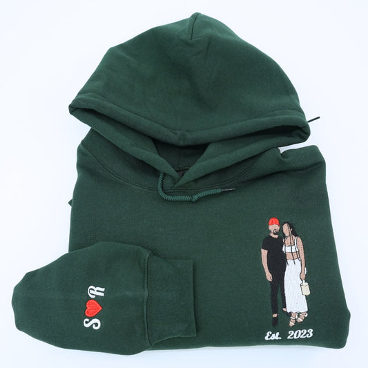 Custom Full Color Embroidered Couple Sweatshirt – Personalized Portrait from Photo with Custom Text – Romantic Gift for Anniversary, Wedding, or Valentine’s Day