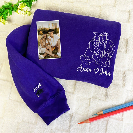 Custom Graduation Portrait Embroidered Sweatshirt – Personalized Photo Gift for Boyfriend – Graduation Gift with Name & Heart – Custom Line Art Drawing