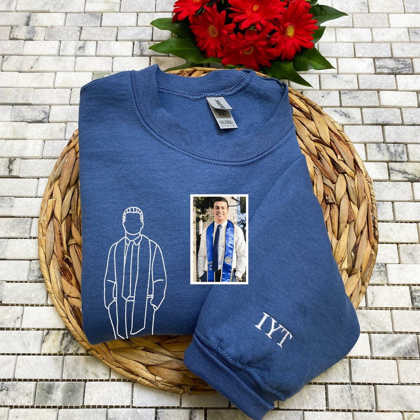 Custom Graduation Portrait Embroidered Sweatshirt – Personalized Photo Gift for Boyfriend – Graduation Gift with Name & Heart – Custom Line Art Drawing