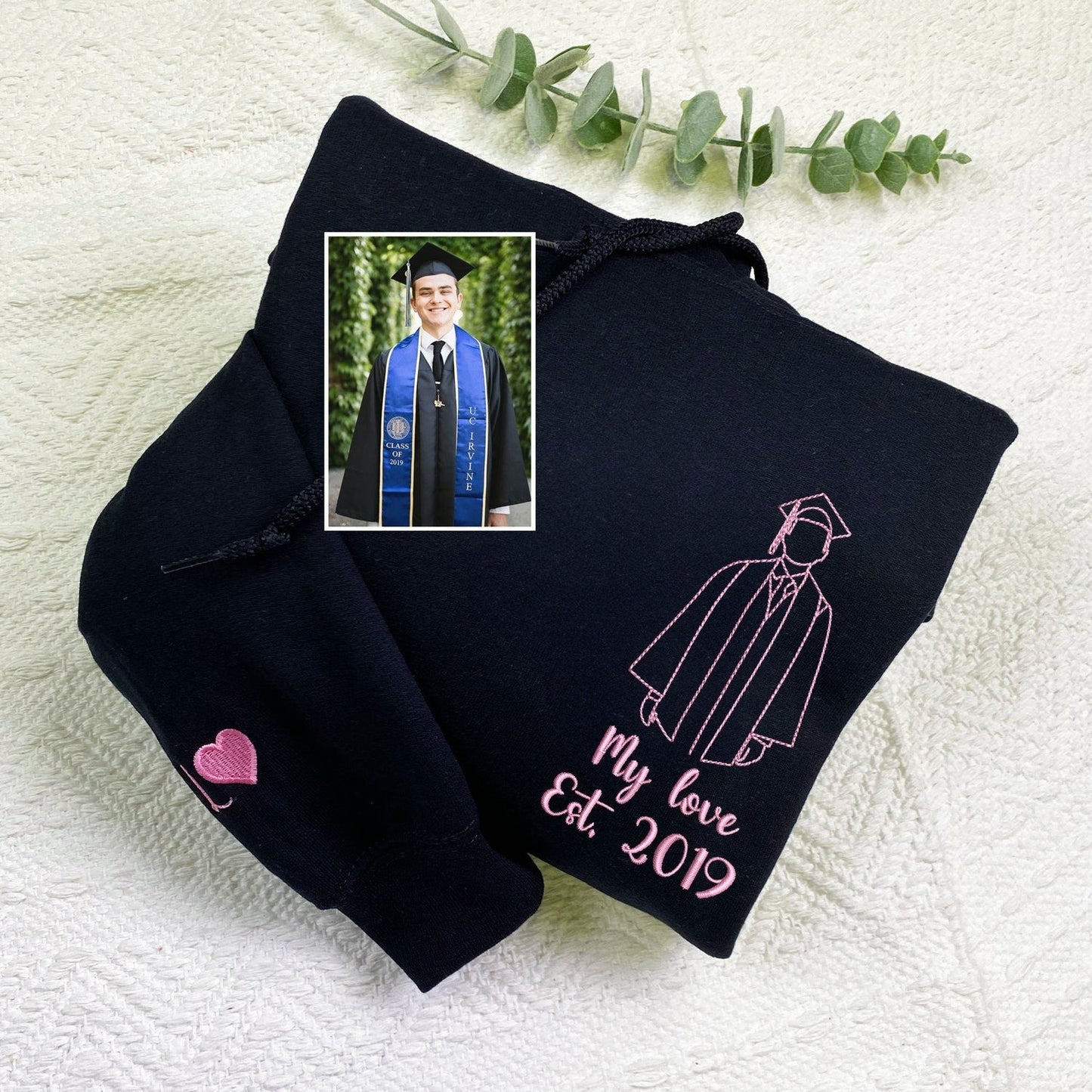Custom Graduation Portrait Embroidered Sweatshirt – Personalized Photo Gift for Boyfriend – Graduation Gift with Name & Heart – Custom Line Art Drawing