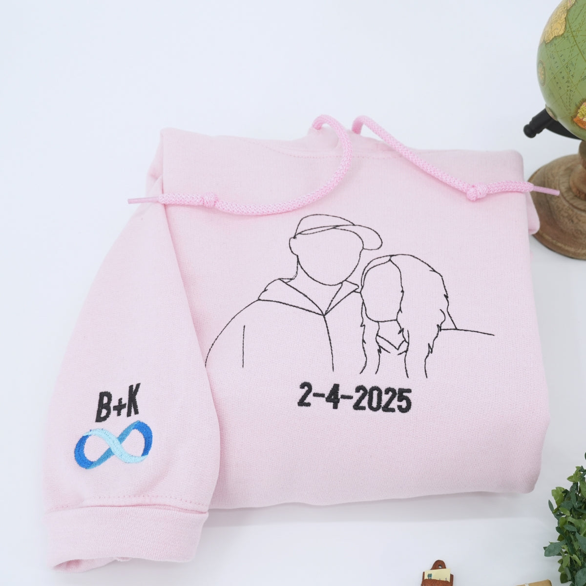 Custom Line Art Wedding Portrait Sweatshirt – Personalized Embroidered Bride & Groom with Date and Initials – Minimalist Wedding Gift for Couples or Anniversary