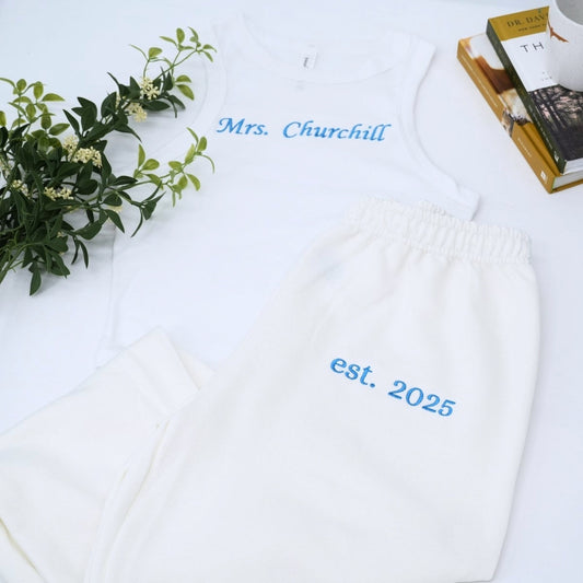 Custom Mrs Set Tank Joggers - Personalized Embroidered Wife Loungewear - Perfect Honeymoon Anniversary Gift