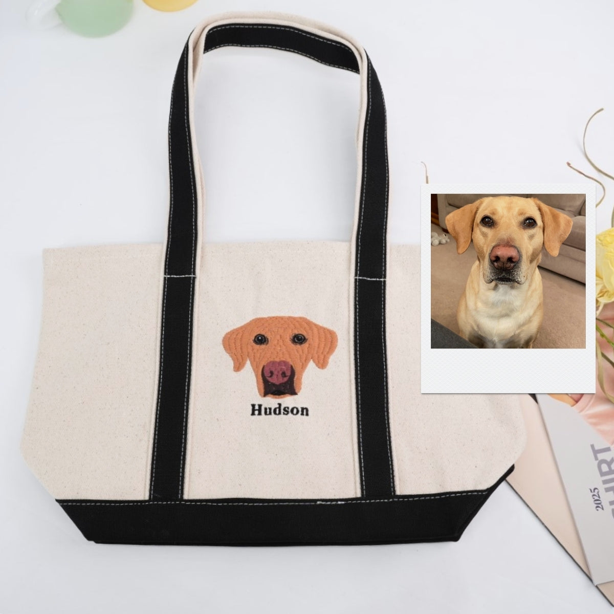 Custom Pet Portrait Tote Bags - Dog Photo Embroidered Canvas Bag - Personalized Dog Mom Gift