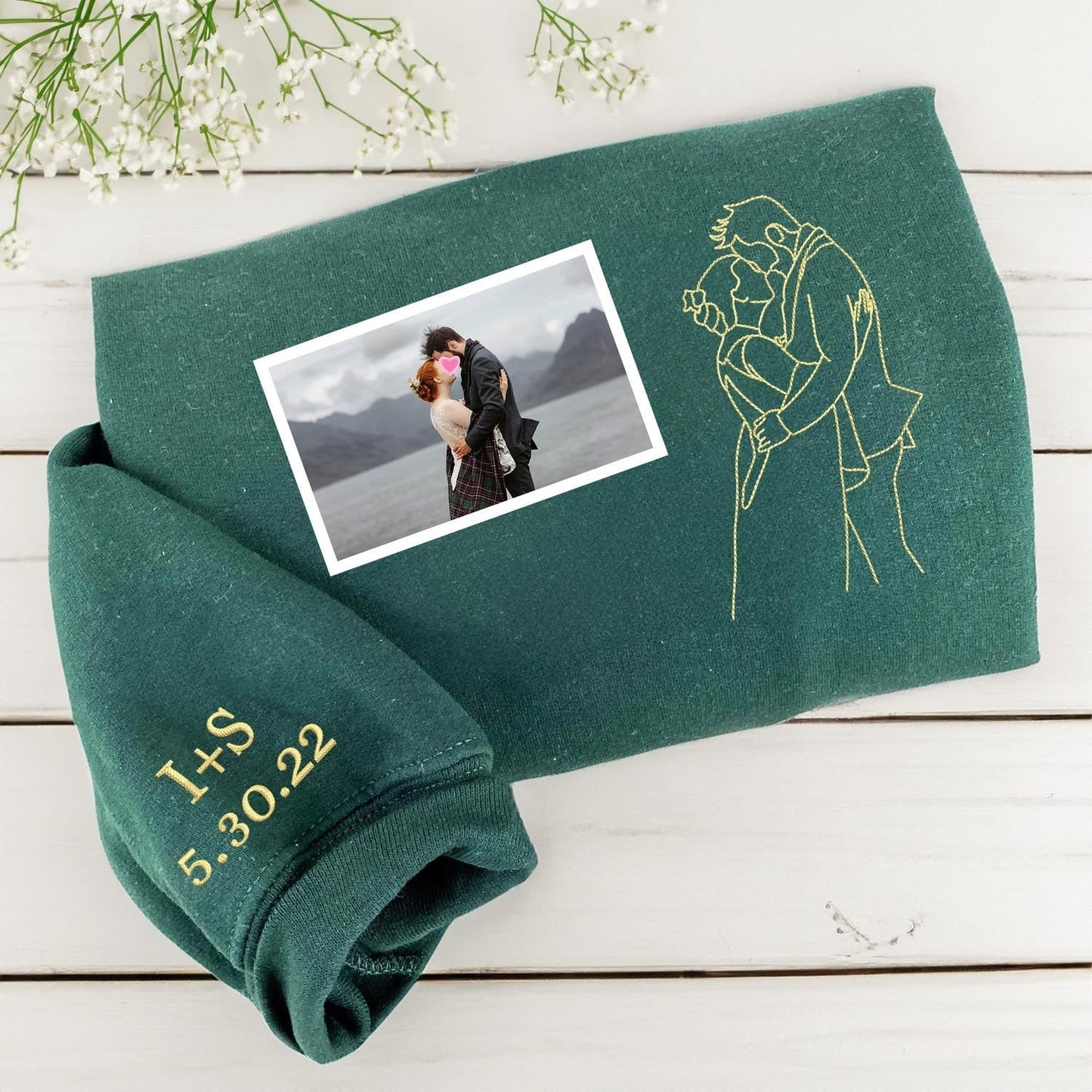 Custom Wedding Photo Embroidered Hoodie – Personalized Line Art Couple Sweatshirt – Anniversary Gift for Husband, Wife, or Newlyweds