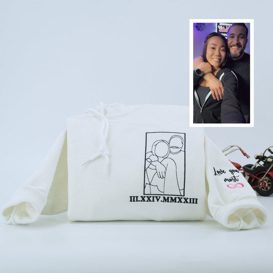 Custom Anniversary Date Hoodies - Couple Portrait Line Art with Roman Numerals - Special Date Gift