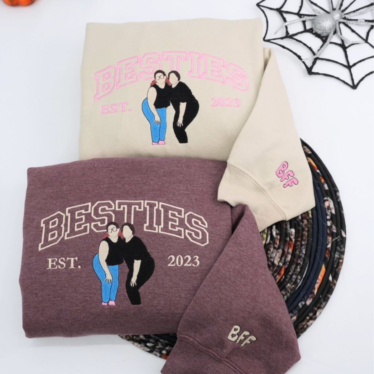 Custom Best Friends Portrait Sweatshirt - Besties Embroidered Varsity Hoodie - Duo Friendship Gift EST Date