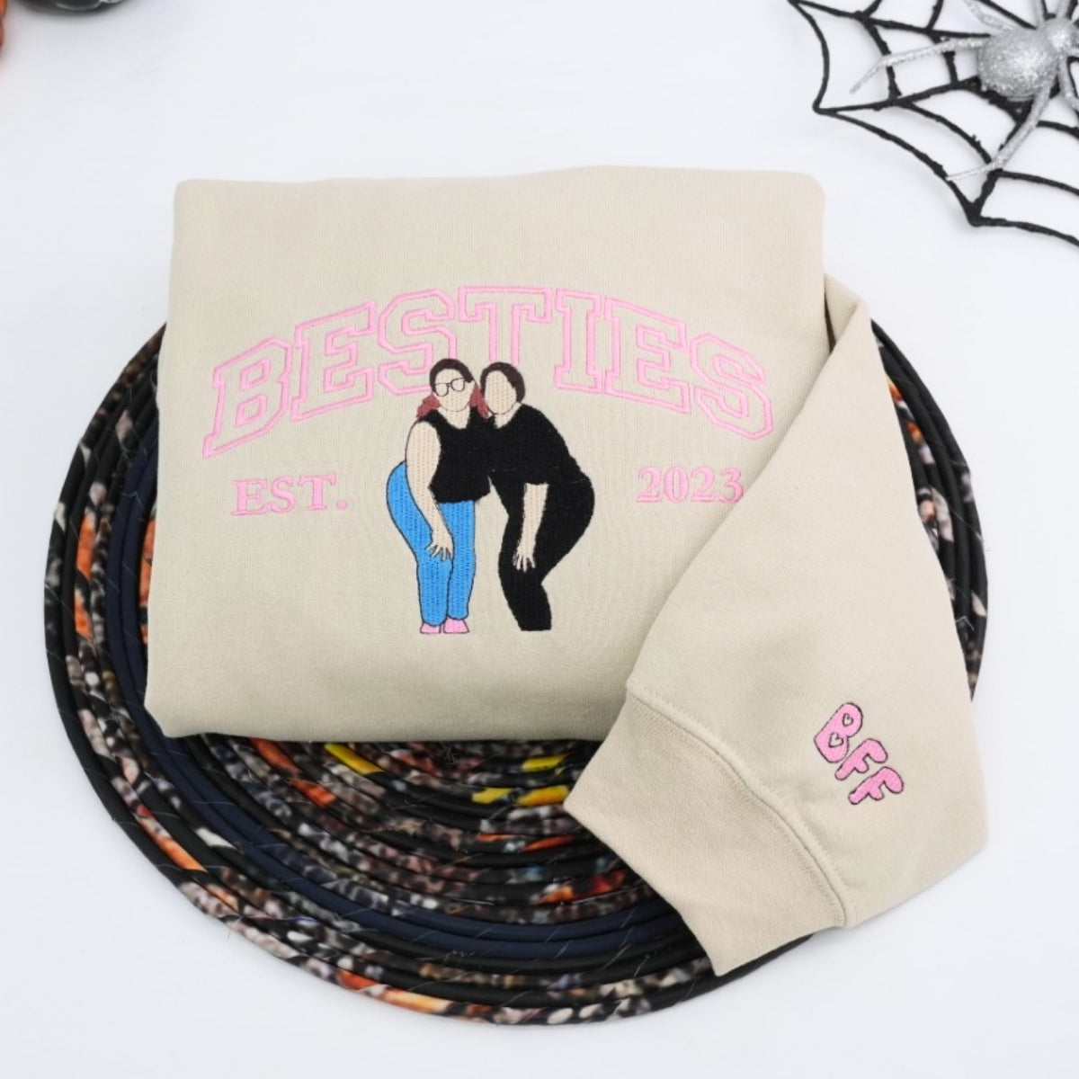 Custom Best Friends Portrait Sweatshirt - Besties Embroidered Varsity Hoodie - Duo Friendship Gift EST Date