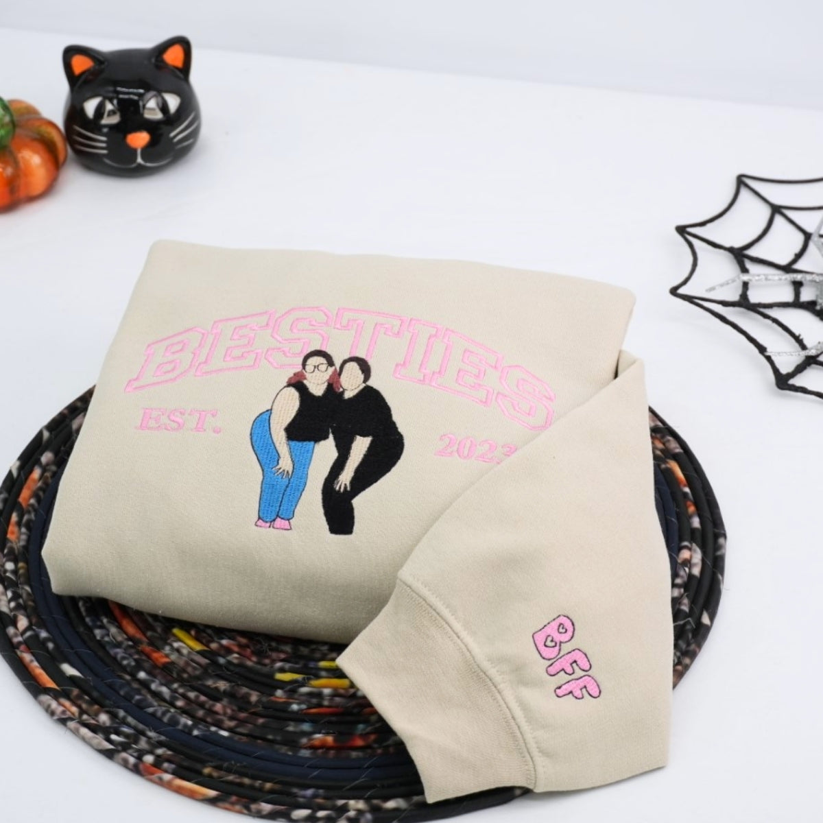 Custom Best Friends Portrait Sweatshirt - Besties Embroidered Varsity Hoodie - Duo Friendship Gift EST Date