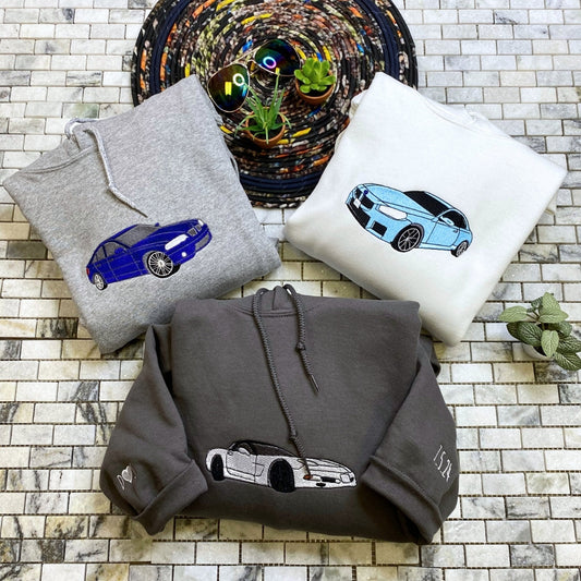 Custom Car Portrait Hoodies - Personalized Vehicle Embroidered Sweatshirts - Car Enthusiast Gift