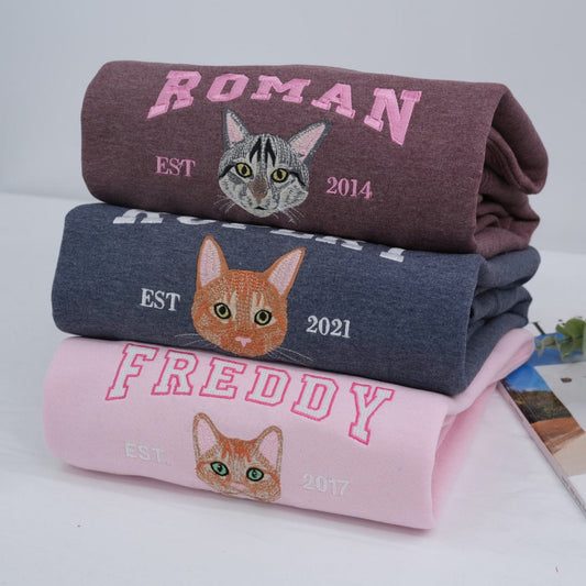 Custom Cat Portrait Embroidered Sweatshirts - Personalized Varsity Cat Face Hoodies - Perfect Cat Parent Gift