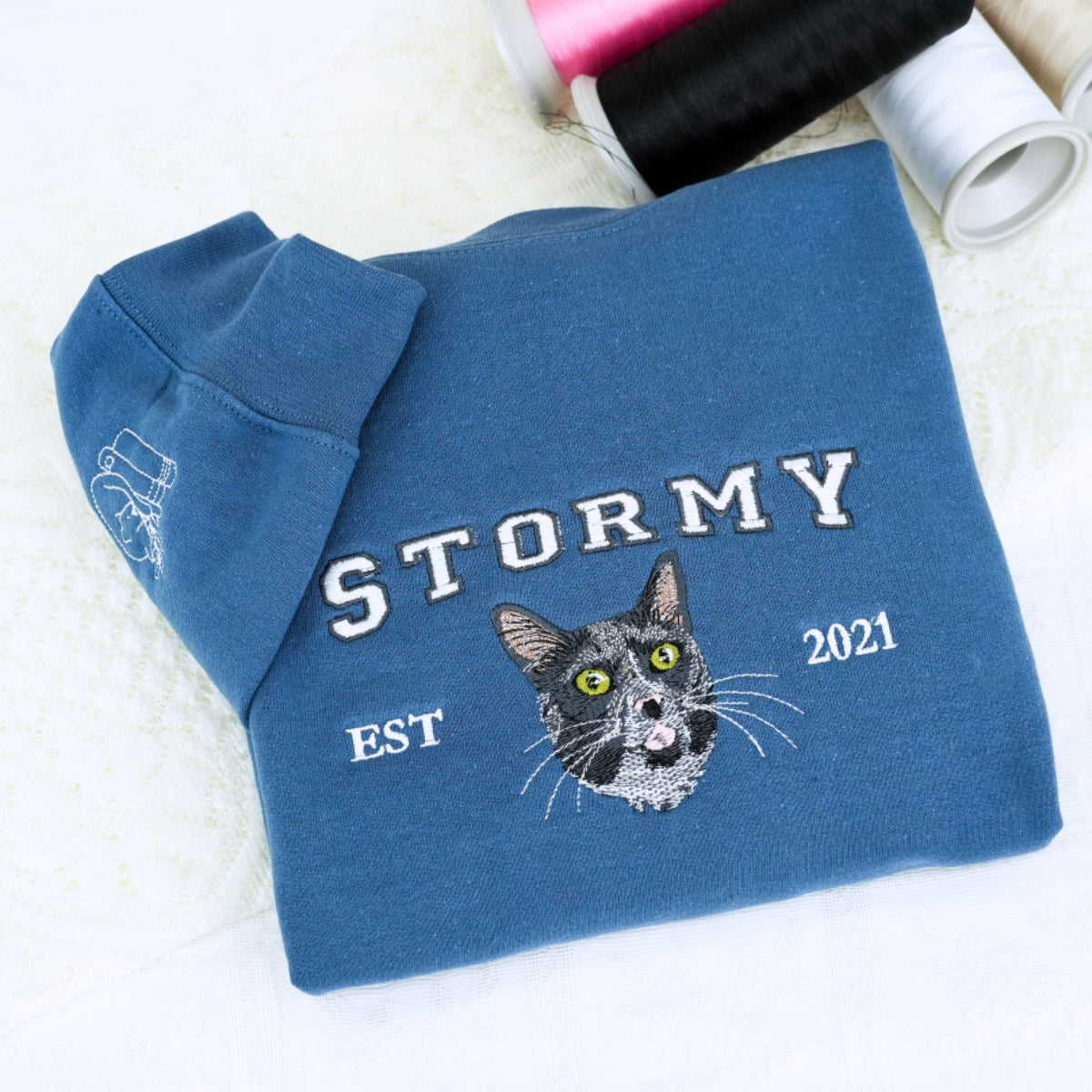Custom Cat Portrait Embroidered Sweatshirts - Personalized Varsity Cat Face Hoodies - Perfect Cat Parent Gift