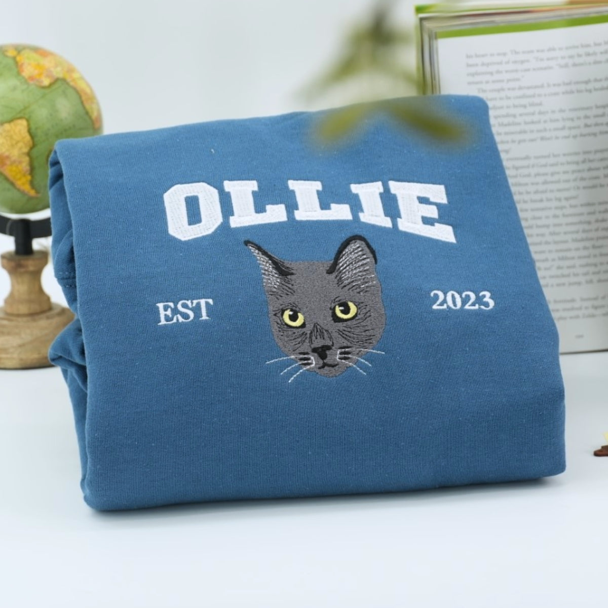 Custom Cat Portrait Varsity Hoodies - Personalized Pet Name Embroidered Sweatshirts - Cat Lover Gift