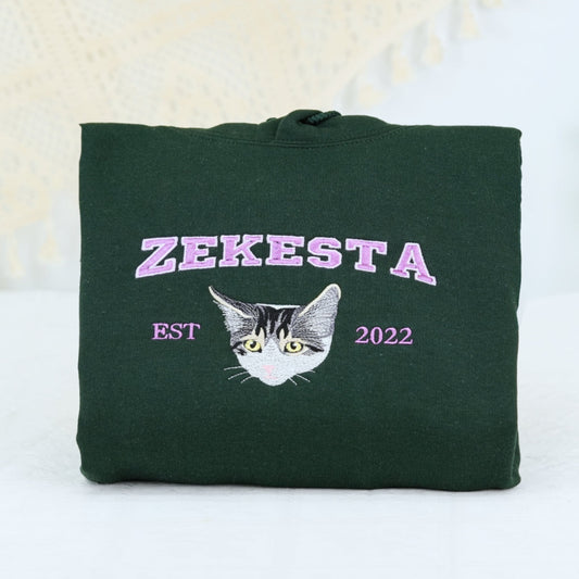 Custom Cat Portrait Varsity Hoodies - Personalized Pet Name Embroidered Sweatshirts - Cat Lover Gift
