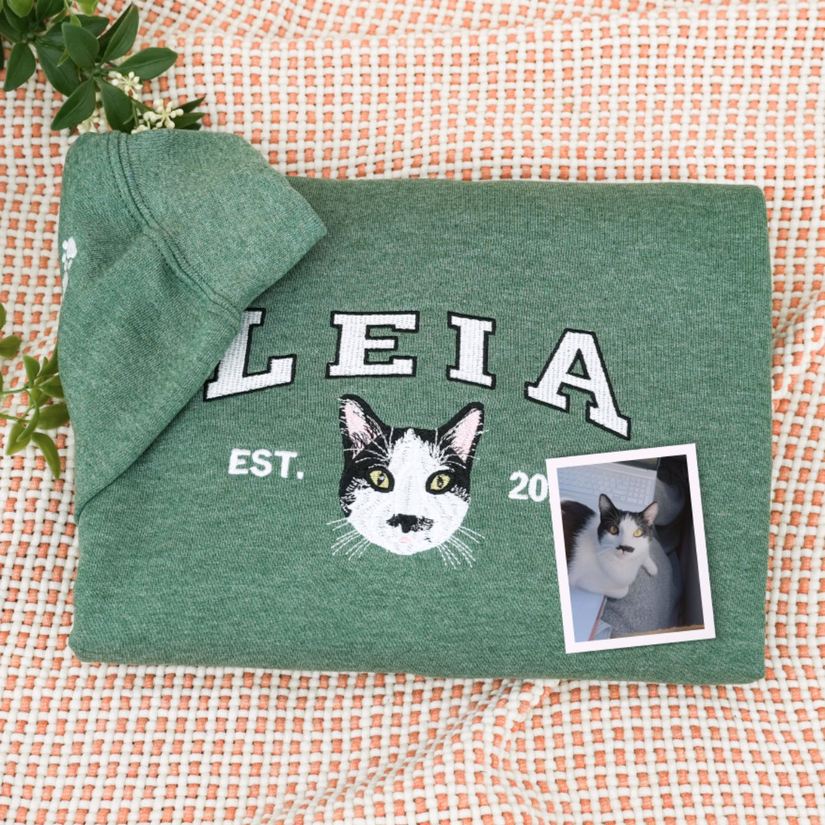 Custom Cat Portrait Varsity Hoodies - Personalized Pet Name Embroidered Sweatshirts - Cat Lover Gift