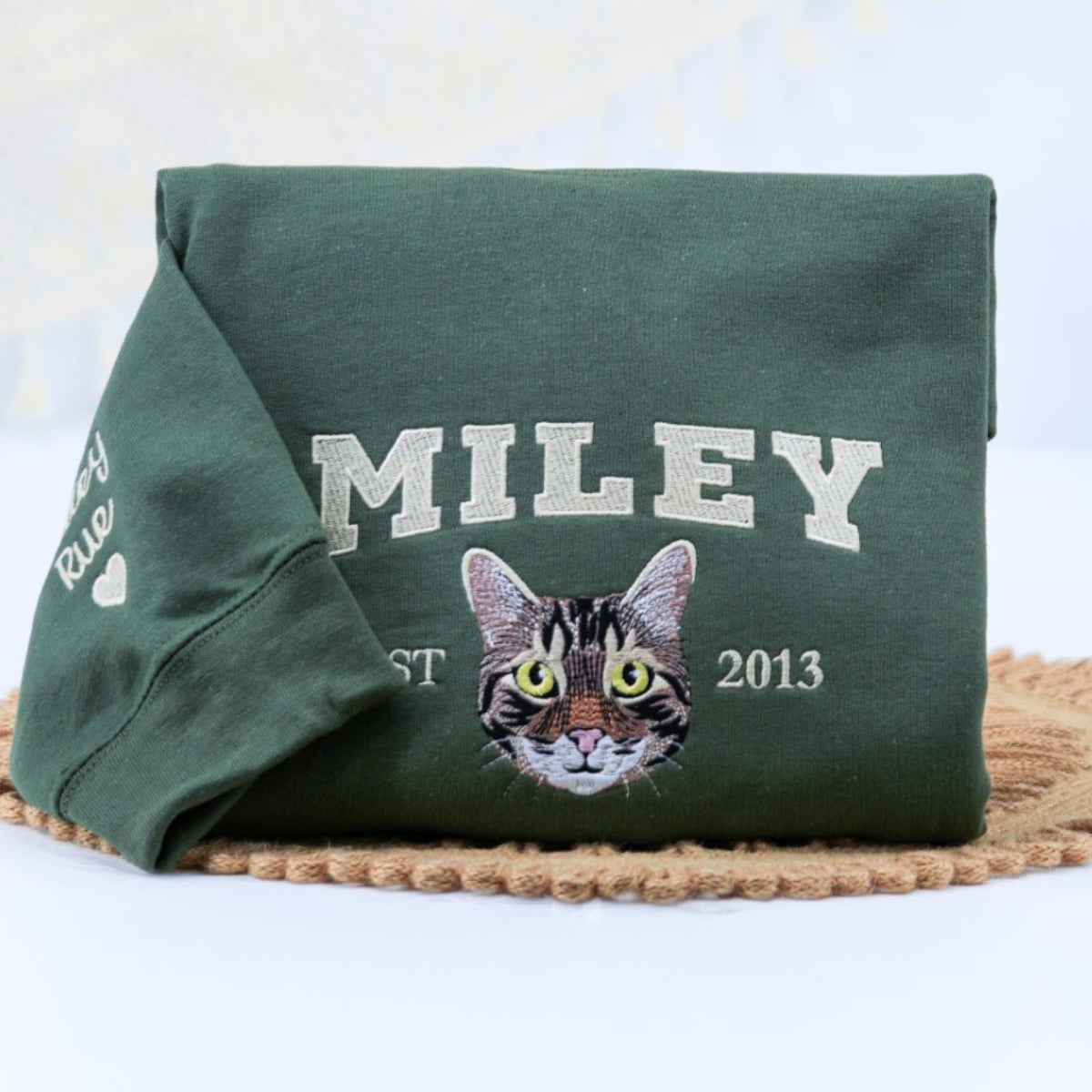 Custom Cat Portrait Varsity Hoodies - Personalized Pet Name Embroidered Sweatshirts - Cat Lover Gift