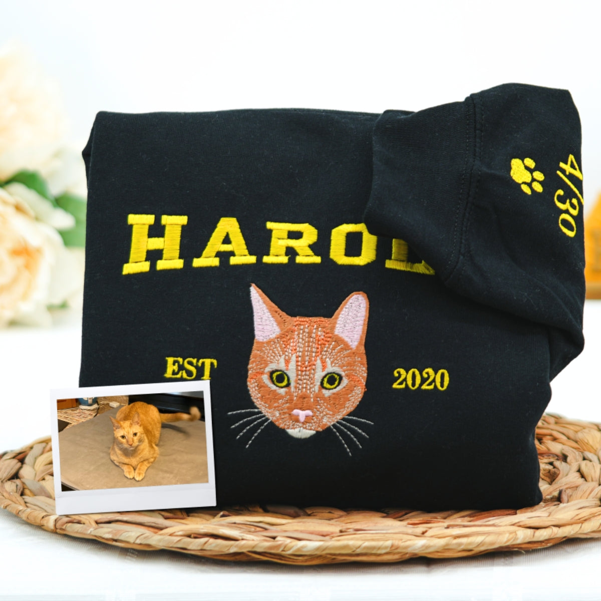 Custom Cat Portrait Varsity Hoodies - Pet Name Embroidered Sweatshirts - Personalized Cat Lover Gift