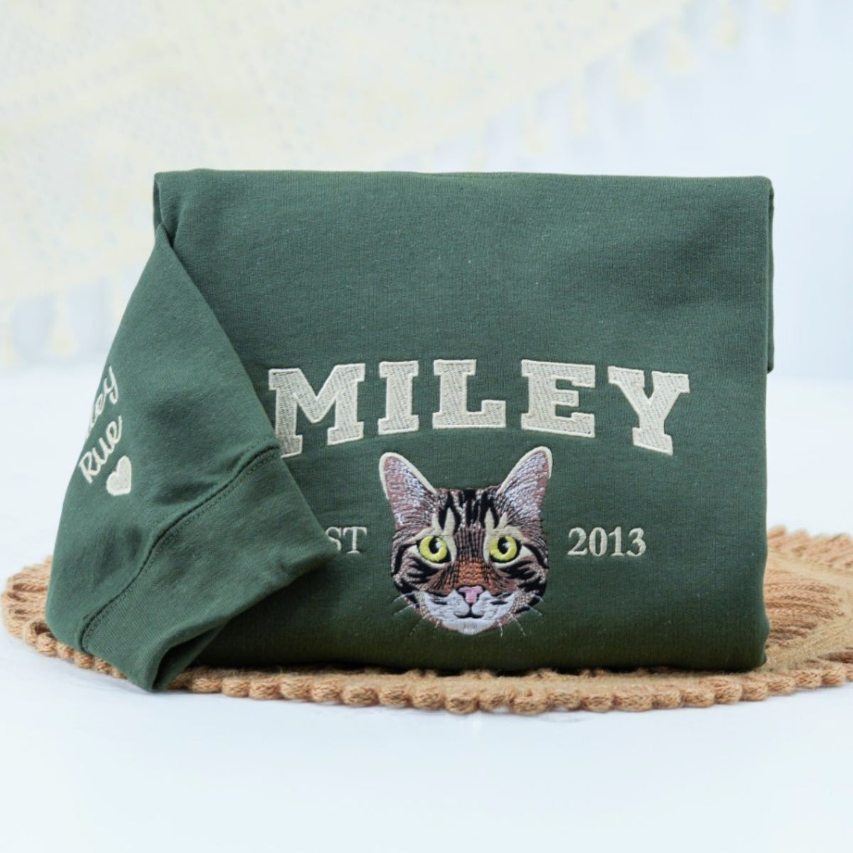 Custom Cat Portrait Varsity Hoodies - Pet Name Embroidered Sweatshirts - Personalized Cat Lover Gift