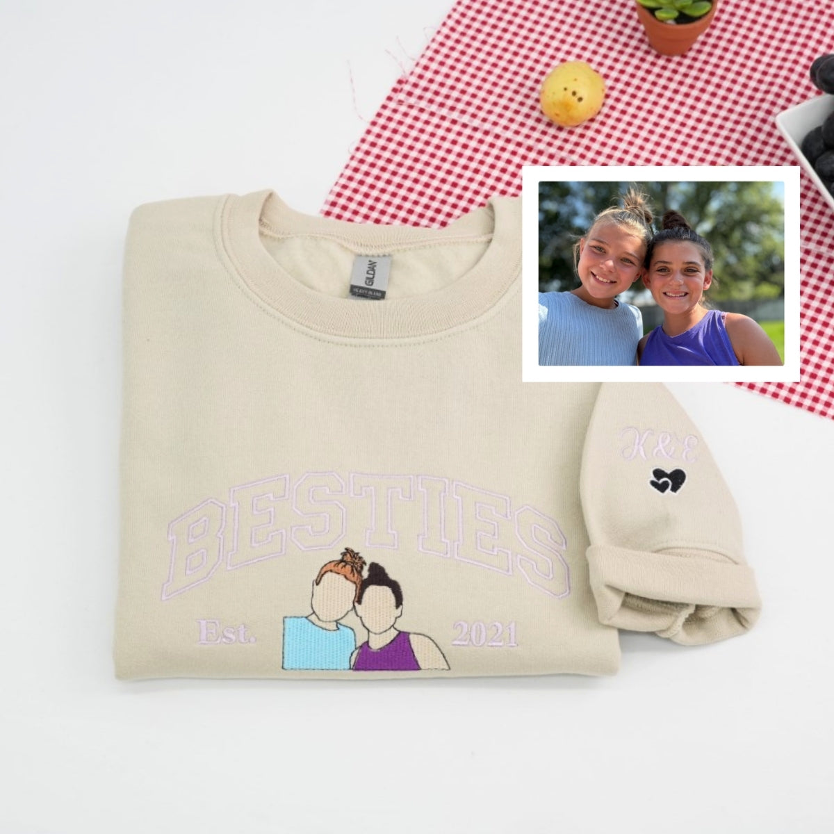 Custom Childhood Friends Portrait Sweatshirt - Besties Embroidered Varsity Hoodie - Longtime Friendship Gift EST Date