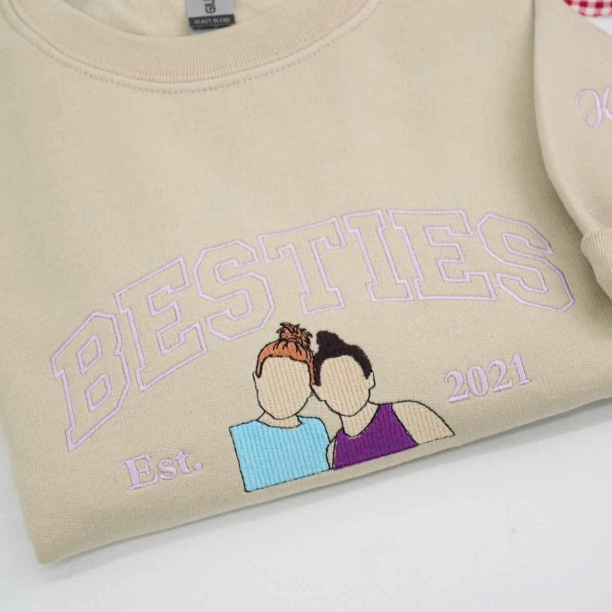 Custom Childhood Friends Portrait Sweatshirt - Besties Embroidered Varsity Hoodie - Longtime Friendship Gift EST Date